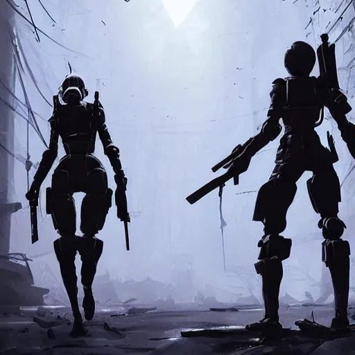 Image similar to NOD infantry troops in C&C Kane's Wrath, Ilya Kuvshinov, by Greg Tocchini, nier:automata, set in half-life 2, beautiful with eerie vibes, very inspirational, very stylish, with gradients, surrealistic, postapocalyptic vibes, depth of filed, mist, rich cinematic atmosphere, perfect digital art, mystical journey in strange world, bastion game, arthouse