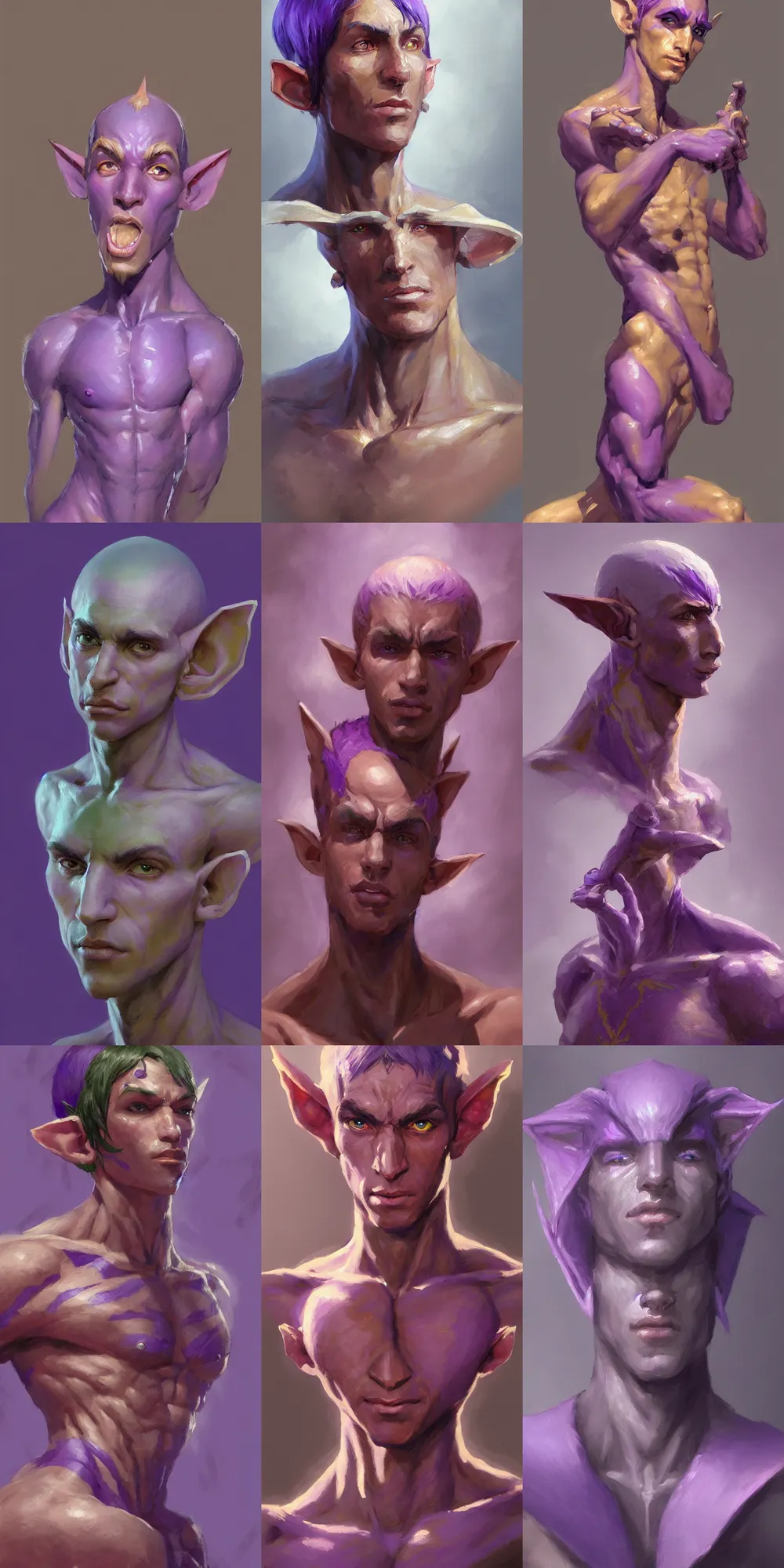 Prompt: a beautiful painting of a vibrant purple skinned male elf with narrow features, by craig mullins, featured on artstation