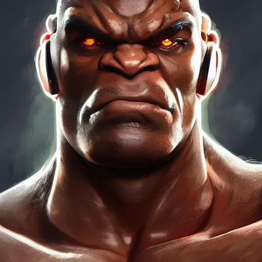 Image similar to character portrait of a huge muscular menacing Doomfist from Overwatch, white face paint, intricate, wild, highly detailed, digital painting, artstation, upper body, concept art, smooth, sharp focus, illustration, art by artgerm and greg rutkowski and alphonse mucha