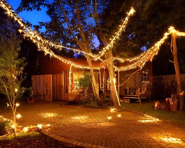 Image similar to a still photo of a backyard at night with fairy lights, house on the left side with wooden flooring, warm lighting