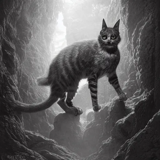 Image similar to photorealistic demonic cat in the style of michael whelan and gustave dore. hyperdetailed photorealism by greg rutkowski. 1 0 8 megapixels, 3 d finalrender, cinematic lighting