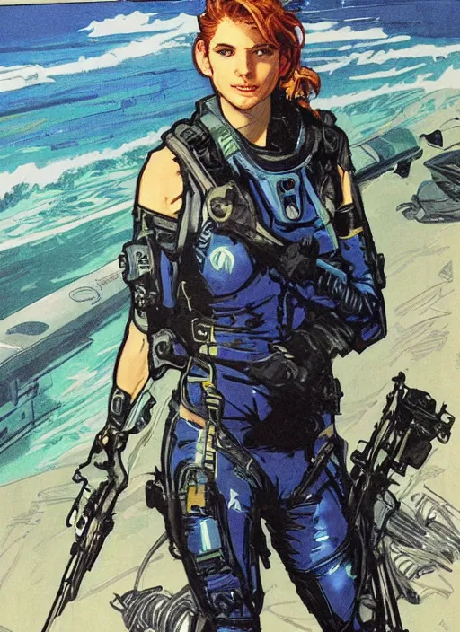 Image similar to Sonya. USN blackops operator emerging from water at the shoreline. Agent wearing Futuristic wetsuit and looking at an abandoned shipyard. rb6s, MGS, and splinter cell Concept art by James Gurney, Alphonso Mucha. Vivid color scheme.