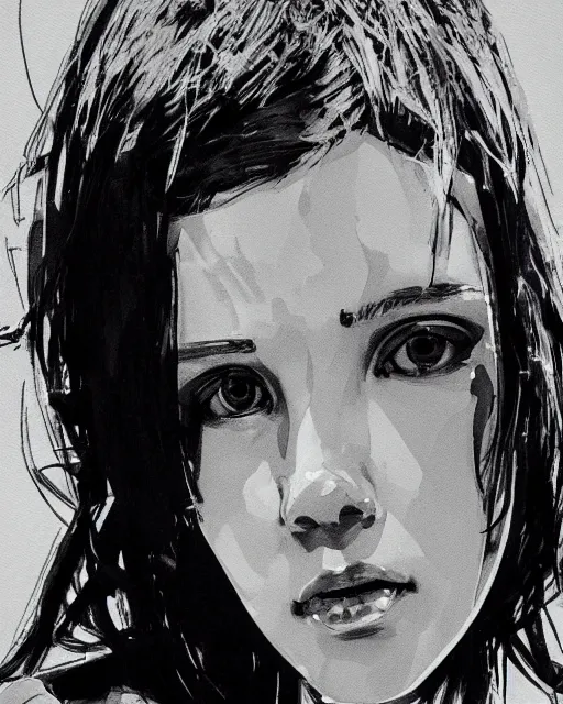 Image similar to close up portrait of millie bobby brown by yoji shinkawa, black and white, high contrast