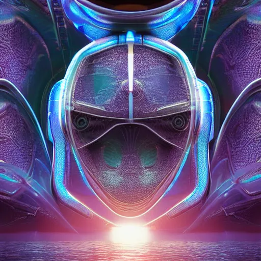 Prompt: an insanely detailed cibernetic artwork of a futuristic artificial intelligence superstar, extremely detailed water texture, centered image, perfectly symmetrical alien face, with frames made of detailed fractals, octane render, 4k, insanely detailed, detailed grid as background, photorealistic digital art, sunset colors, cgi