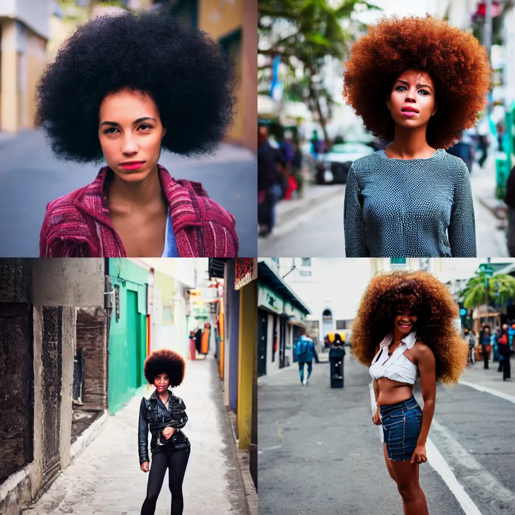 Prompt: beautiful light skin jamaican girl with afro hair, street photography