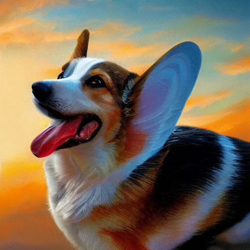 Image similar to a corgi with wings, flapping its wings flying in sunset sky, oil on canvas, portrait, intricate, 8k highly professionally detailed, HDR, CGsociety