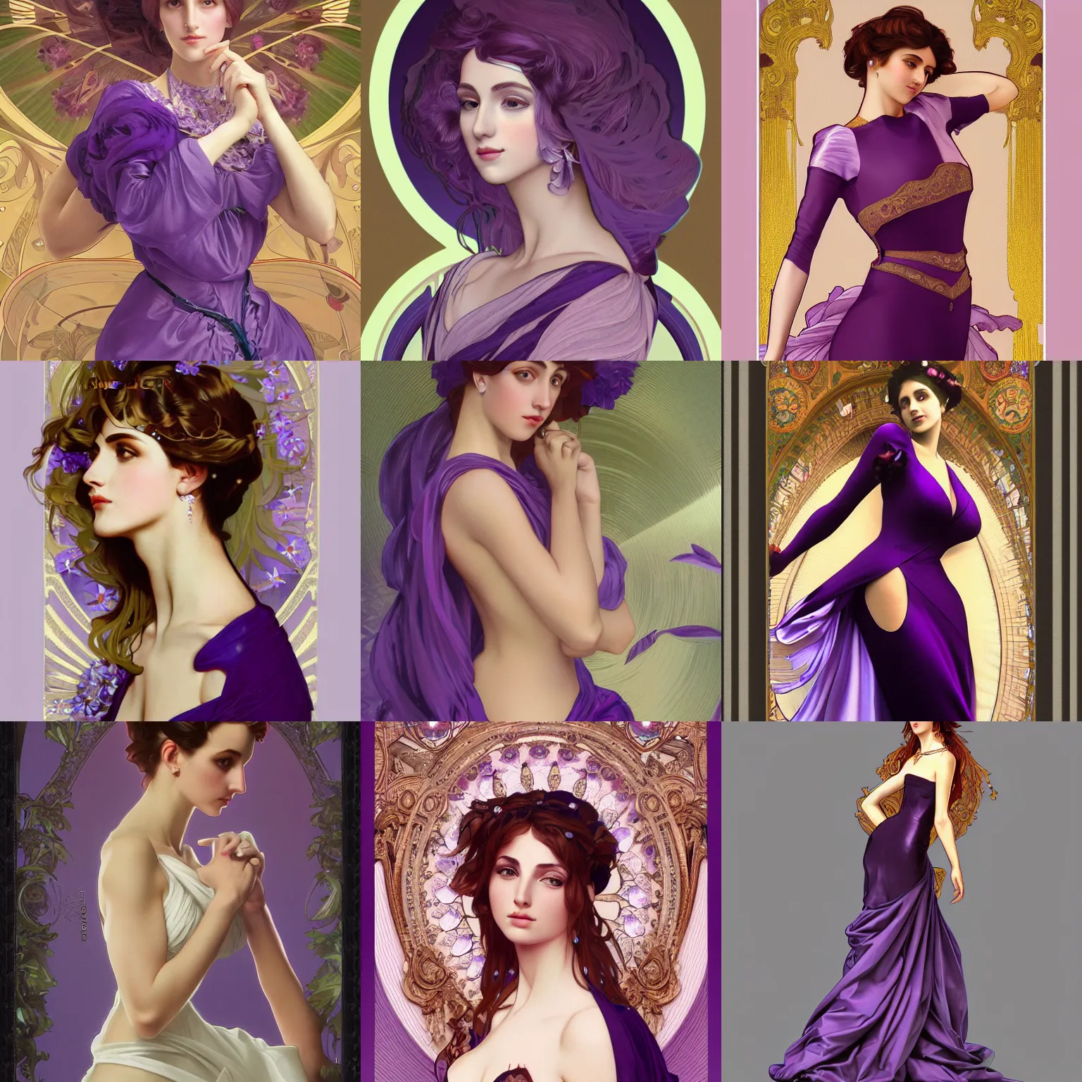 Prompt: a beautiful italian female in high fashion dress, purple, as seen on artgerm, octane render, in the style of alphonse mucha, ultra realistic, highly detailed, 8 k