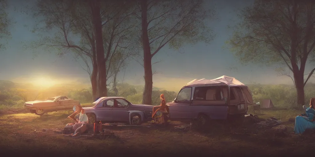 Image similar to looking out a car window to see two women camping, elegant scene, low angle, wide angle, indian forest, wide angle, cinematic, ultrarealistic, trending on artstation, cgsociety, highly detailed, color graded, rendered in unreal engine 4 k hq, matte painting, by simon stalenhag and hudson river school, horizon forbidden west