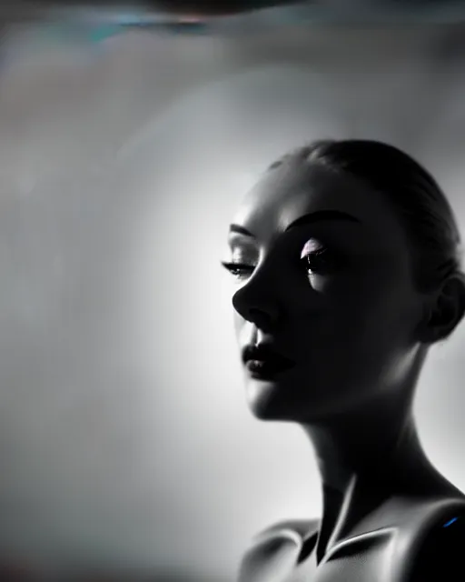 Prompt: black and white high quality photo of a beautiful female vegetal-cyborg looking into a sci-fi mirror, volumetric lighting, brutalism, foggy, dreamy, hyperdetailed, bokeh, photorealistic, cinematic, masterpiece, elegant, dark, by Man Ray in the style of Horst P. Horst, octane render, 8K,