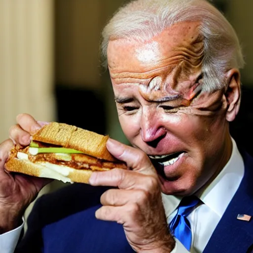 Image similar to meme of joe biden eating a sandwich, image macro, high res, realistic