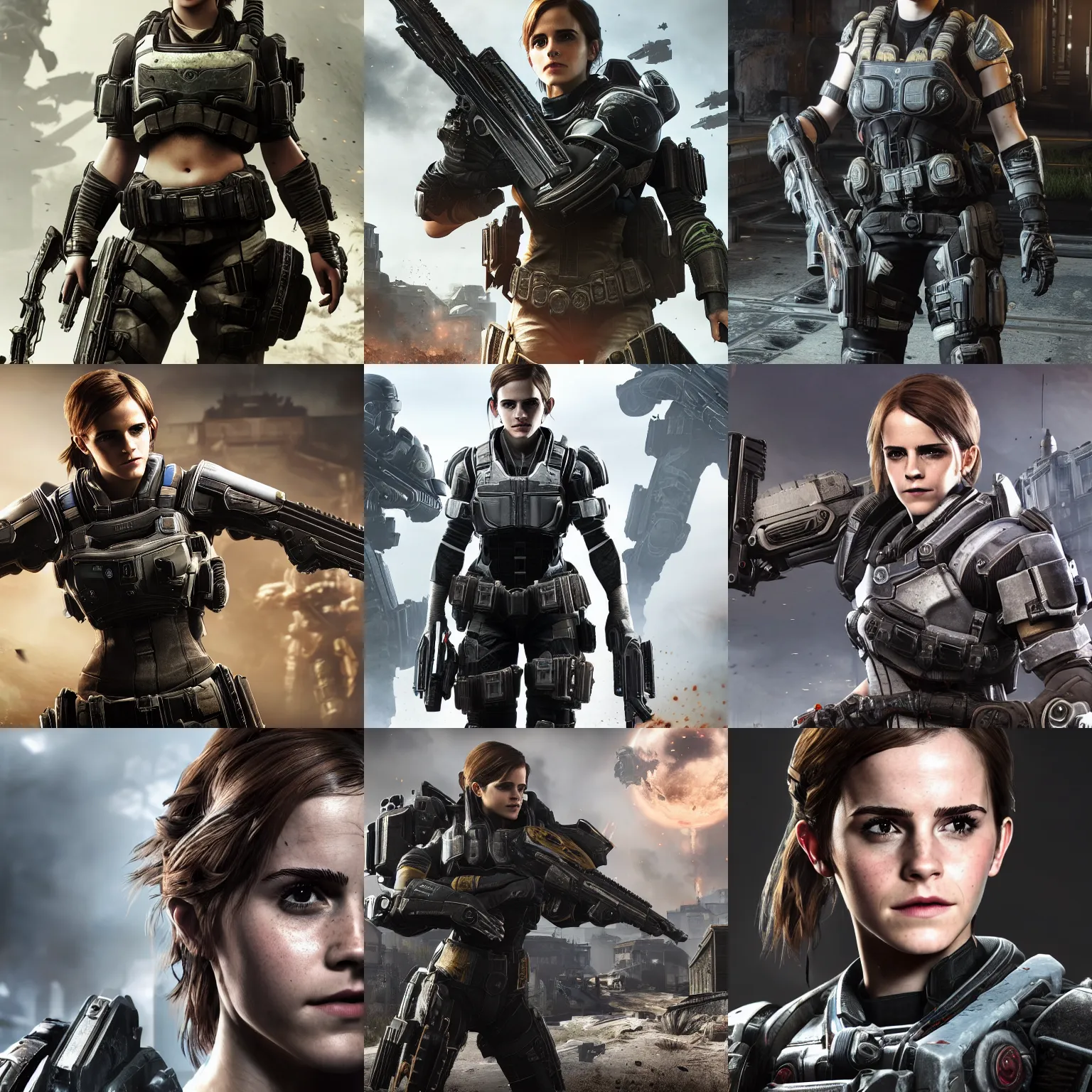 Prompt: emma watson in gears of war, destiny 2, call of duty black ops, warframe, highly detailed, extremely high quality, hd, 4 k, 8 k, professional photographer, 4 0 mp, lifelike, top - rated, award winning, realistic, detailed lighting, detailed shadows, sharp, no blur, edited, corrected, trending