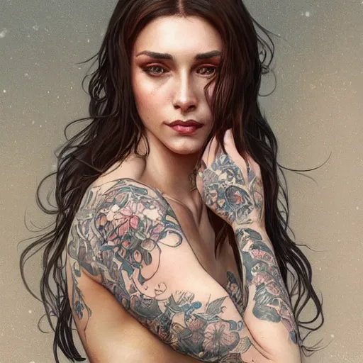 Image similar to ultra realistic illustration, a hot brunette tattooed slavic woman in her late 2 0's, intricate, elegant, highly detailed, digital painting, artstation, concept art, smooth, sharp focus, illustration, art by artgerm and greg rutkowski and alphonse mucha