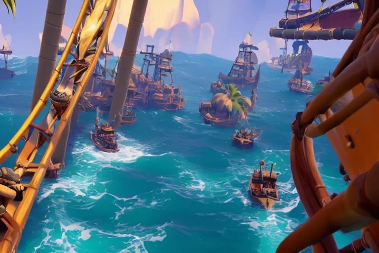 Image similar to gameplay screenshot of roller coaster in sea of thieves, unreal, 4 k