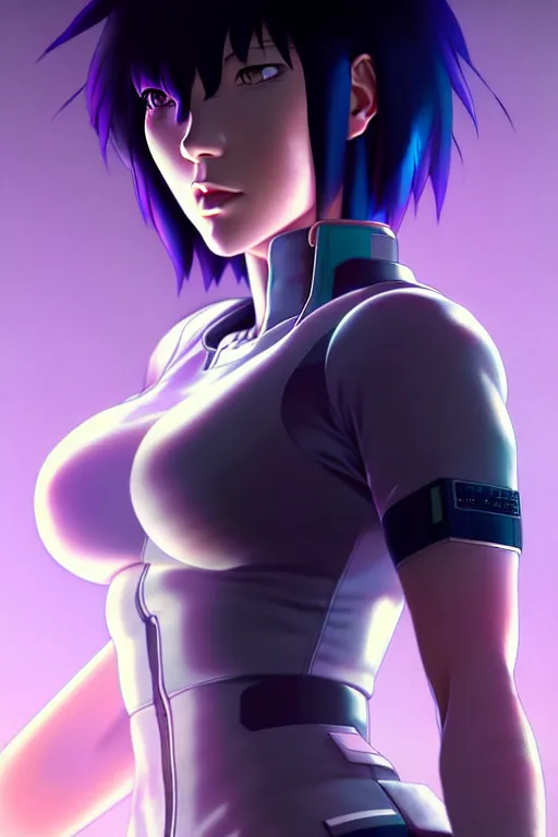 Image similar to a fullbody portrait of motoko kusanagi the major ghost in the shell : : stand alone complex, under repairs, maintenance : : by ilya kuvshinov, rossdraws, artgerm, sola digital arts, anti aliasing, raytracing : :