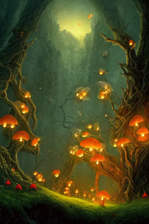 Image similar to a beautiful digital illustration painting of a detailed gothic fantasy fireflies and roots, dark mushroom, flowers ruins beautiful dragon by benoit b. mandelbrot, steven belledin, martin johnson heade, lee madgwick, caspar david friedrich, and david rios ferreira. 8 k resolution trending on artstation concept art digital illustration