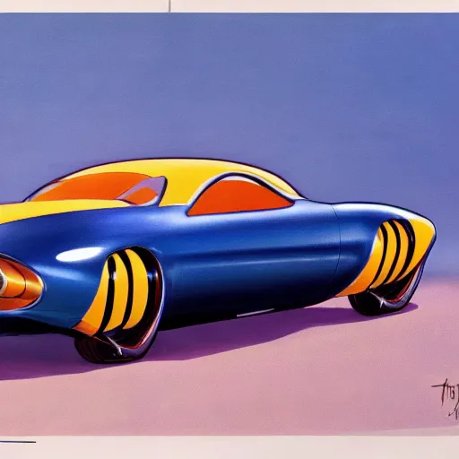 Prompt: futuristic 50s muscle cars Syd Mead concept paintinga