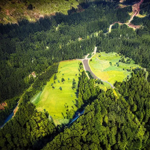 Image similar to majestic landscape, realistic, atmospheric, tilt shift, aerial photo, drone, 8 k