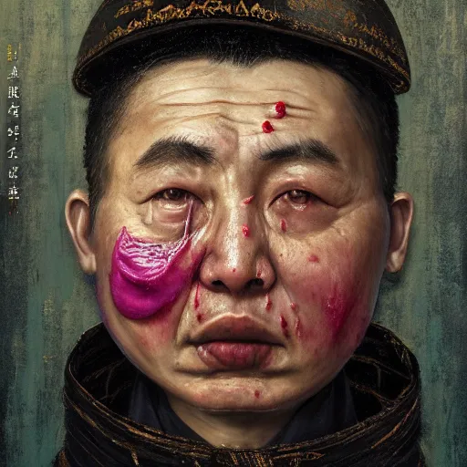 Image similar to face portrait of chinese uyghur muslim prisoner and melting wax, wearing victorian rags, elite, disfigured, drooling, moist, unnatural movement, they are unhappy, bizzaro, baroque, renaissance, by emedios varo and anato finnstark and fenghua zhong, hyperrealism, 8 k, 3 d, masterpiece, texture