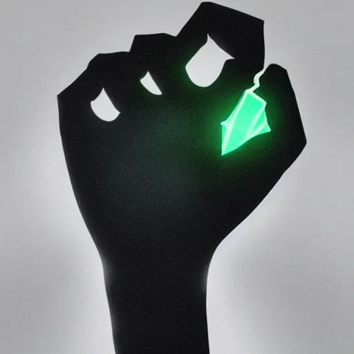 Image similar to pitch darkness, a glowing shard of kryptonite held in an open black - gloved hand, pitch black background, dimly lit