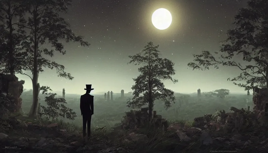 Image similar to ilya kuvshinov illustration of a gentleman in a suit and top hat watching the moon shine over the overgrown valley with ancient ruins reclaimed by nature, hazy and misty, magical feeling, night, stars uhd, high detail, by ilya kuvshinov