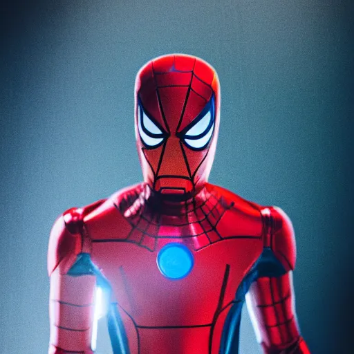 Image similar to a single iron man and spider - man hybrid, dslr, polaroid, cinematic, volumetric lighting