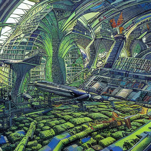 Image similar to beautiful solarpunk city, built from the shell of a crashed spaceship, verdant and lush, art by moebius, illustration