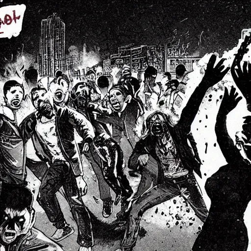 Prompt: throwing a molotov cocktail at an approaching horde of zombies, on a city street at night.