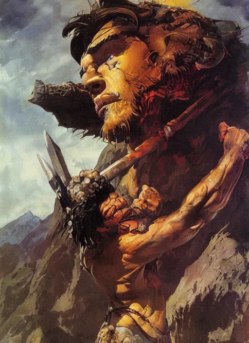 Prompt: portrait of barbarian on mountain, coherent! by mariusz lewandowski, by frank frazetta, deep color, strong line, high contrast