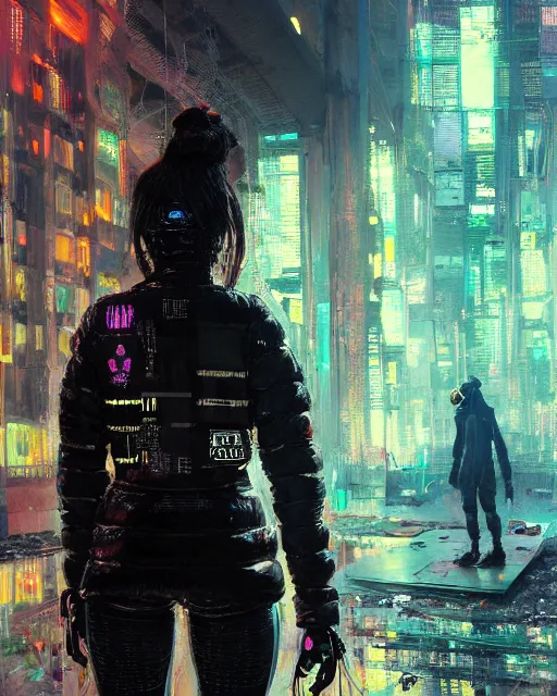 Image similar to detailed portrait Neon guard woman with very short dark hair seen from the back, cyberpunk futuristic, reflective puffer jacket, black leggings, decorated with traditional ornaments in front of a dystopian crowd with piles of garbage by Ismail inceoglu dragan bibin hans thoma, Perfect face, fine details, realistic shaded, fine-face, pretty face