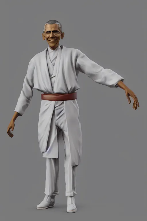 Image similar to full body 3d render of barack obama as an anime figurine, beautiful kimono, blender, trending on artstation, 8k, highly detailed, bokeh, depth of field