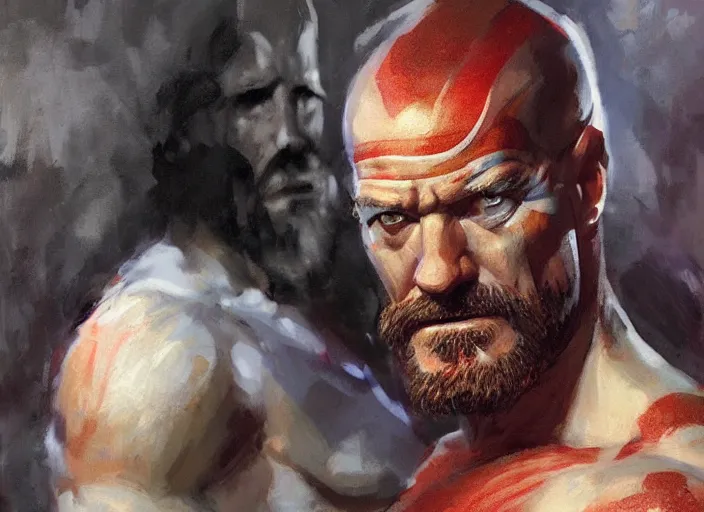 Image similar to a highly detailed beautiful portrait of bryan cranston as kratos, by gregory manchess, james gurney, james jean