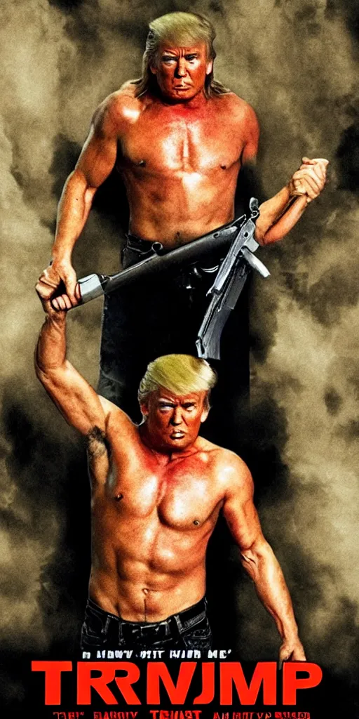 Prompt: shirtless donald trump in rambo movie poster