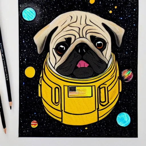 Image similar to gif, high - resolution, pencil art, colorized, extra - detailed, pug astronaut, opening door, in space that leads into the universe