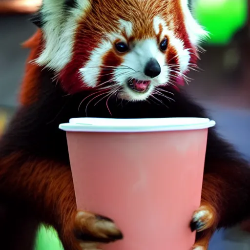 Prompt: Red Panda drinks Bubble Tea