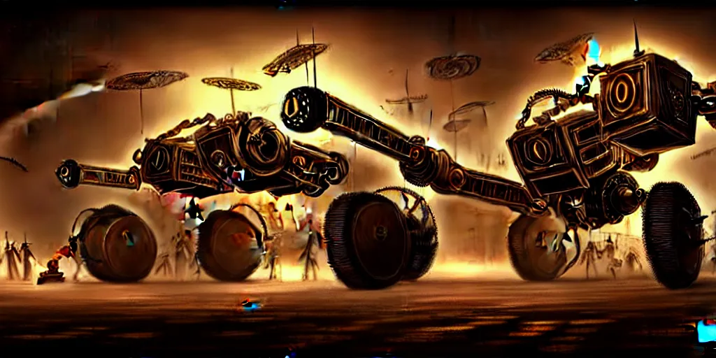 Prompt: steampunk robot wars, digital art, hard backlight, hyperrealistic, fantasy art, matte painting