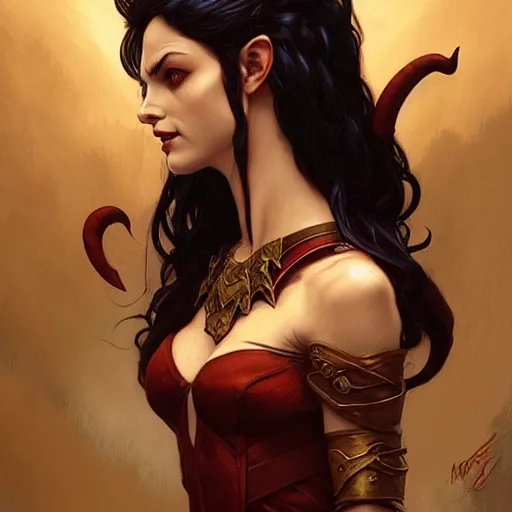 Prompt: an epic fantasy comic book style portrait painting of a teifling rouge with medium long dark hair, d & d, fantasy, intricate, elegant, highly detailed, digital painting, artstation, concept art, matte, sharp focus, illustration, art by artgerm and greg rutkowski and alphonse mucha