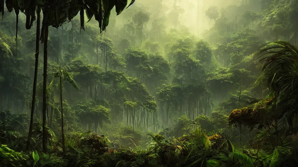 Prompt: deep jungle from another world, beautiful jungle landscape, dramatic lighting, cinematic, establishing shot, extremly high detail, photorealistic, cinematic lighting, post processed, concept art, artstation, matte painting, style by greg rutkowsky