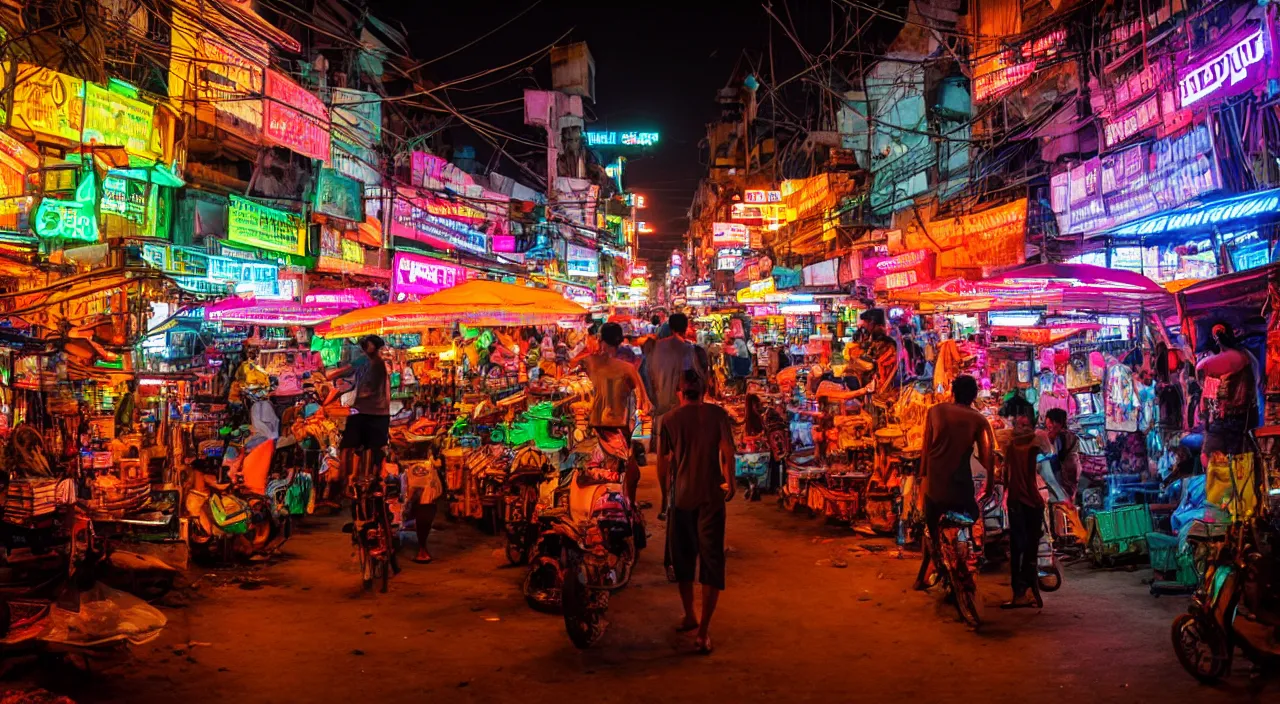 Image similar to Cyberpunk Market, futuristic Phnom-Penh Cambodia, neon lighting