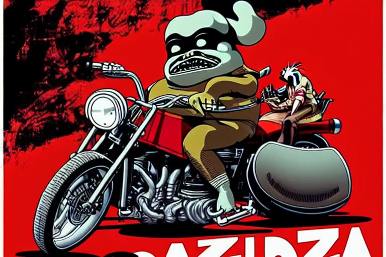 Image similar to pizza the hut, akira's motorcycle, gorillaz, poster, high quality