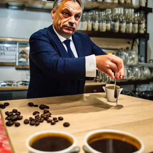 Image similar to viktor orban making specialty coffee, oil painting