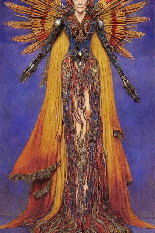 Prompt: cate blanchett full body , by jean delville and Gaston Bussière and Tino Rodriguez and Diego Rivera , elaborate headdress and embroidered velvet, iridescent beetles, rich color, dramatic cinematic lighting, extremely detailed