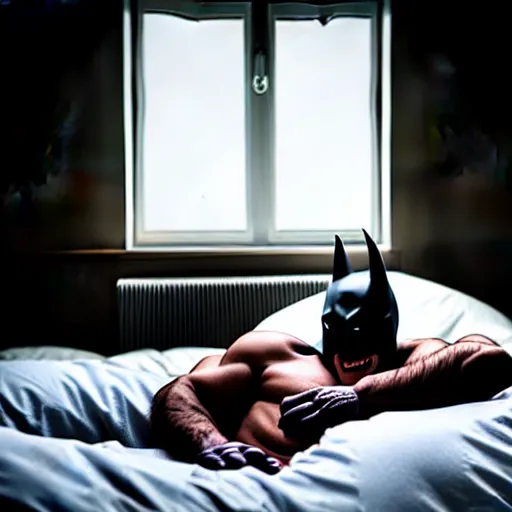 Image similar to man sleeping in bed with white tentacle mask with batman lurking menacingly in the window