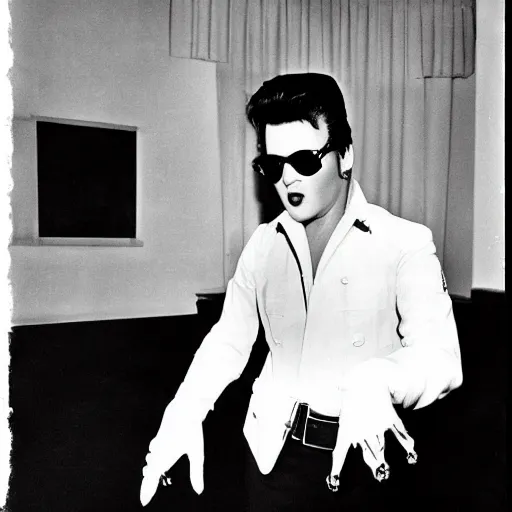 Image similar to Satanic States of America, alternate history, 1957, Elvis Presley, gothic Elvis, photograph, paparazzi photo