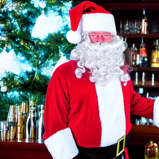 Prompt: Santa working as a bartender serving mentally challenged elves