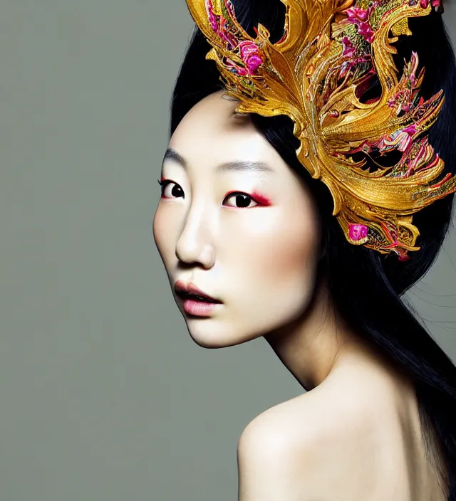 Image similar to photography face profil portrait of a beautiful asian woman like chiharu okunugi, great hair style,, half in shadow, natural pose, natural lighing, rim lighting, wearing an ornate stunning outfit and hat iris van herpen, colorfull newbaroque makeup by benjamin puckey, highly detailed, skin grain detail, photography by paolo roversi