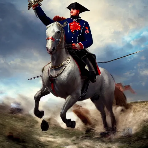 Image similar to gopro picture of napoleon on his horse fighting in waterloo, trending artstation, hyper realistic, very detailed, dramatic scene, realistic lighting, anime, 4 k