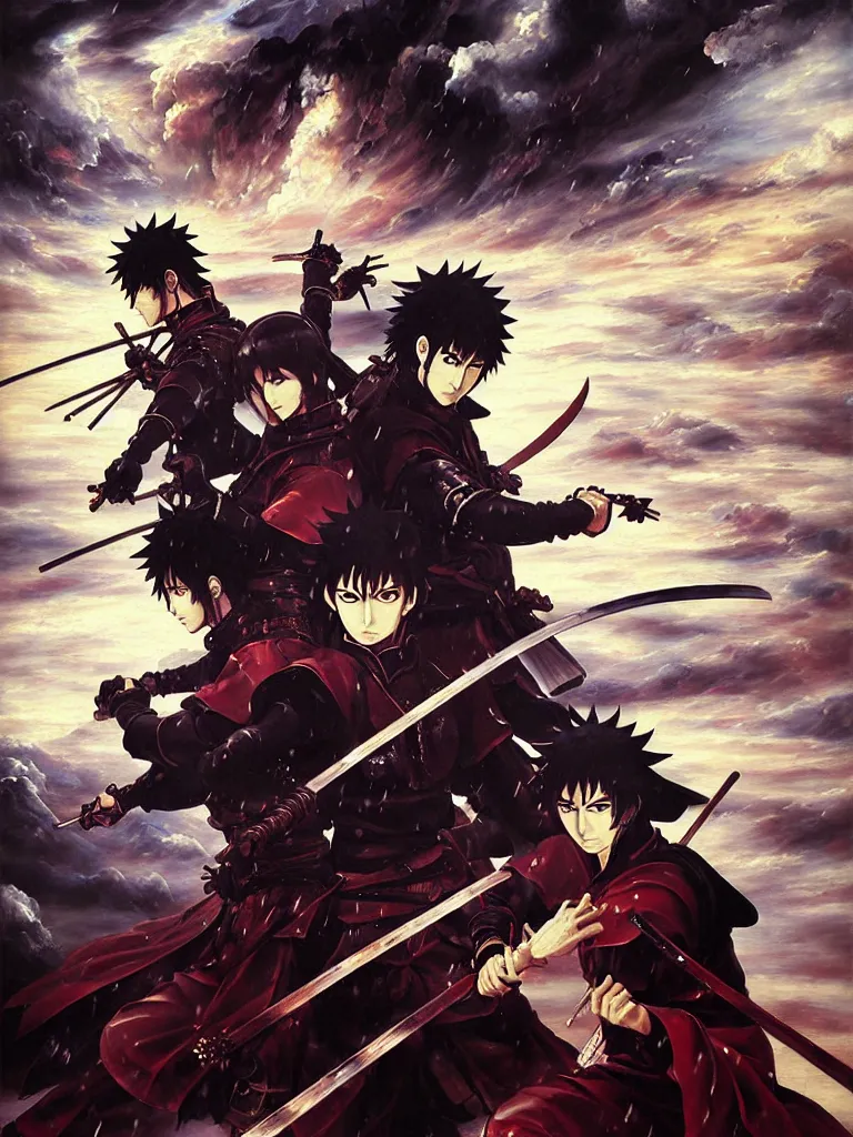 Image similar to baroque oil painting of key visual samurai duel, samurai armor, rain, brutalist fantasy, style of makoto shinkai takashi takeuchi yoshiyuki sadamoto, fate stay night