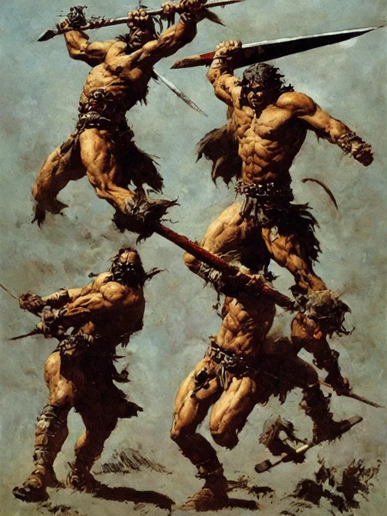 Prompt: a single barbarian warrior raising a spear by frank frazetta