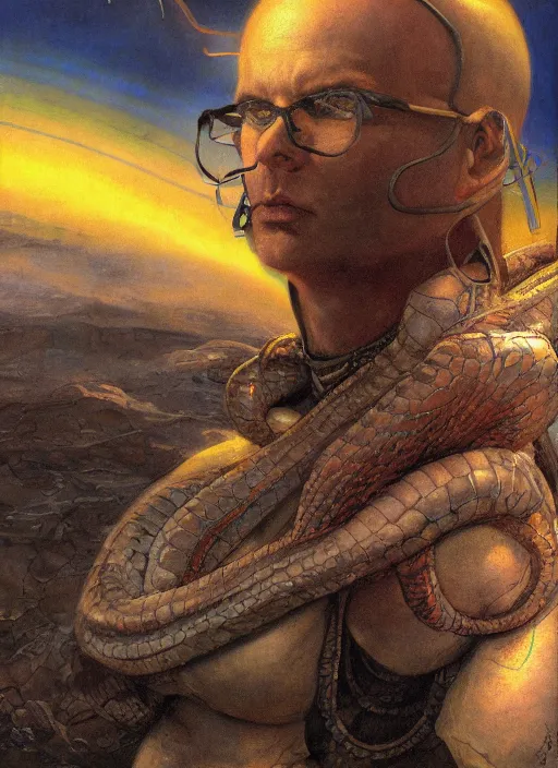 Prompt: biblical mage android snake, deep gaze to the side, closeup, bright glowing veins, in clouds, sunset, portrait, by gerald brom, by mikhail vrubel, by peter elson, muted colors, extreme detail, reflections, trending on artstation, 8 k