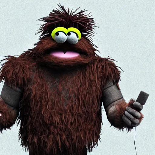 Image similar to a still of a forgotten muppet character looking very manly and modern, hilarious, laughing, hairy chest, huge chin, manly monster tough guy, roughled fur, photo real, photographic, photograph, artstation, trending, featured